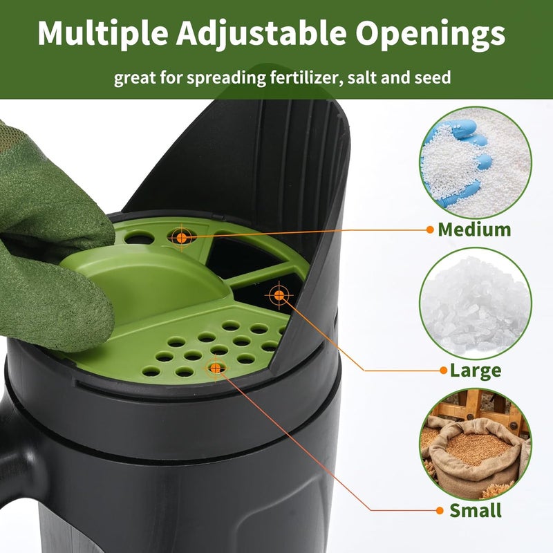 PERSZEN Seed Spreader Hand Held, Hand Spreader Lawn and Garden for Fertilizer Grass Seed Salt Ice Melt Earth Food, Seed Shaker with Multiple Adjustable Opening Sizes for All Purpose, Up to 80 Oz - Image 5
